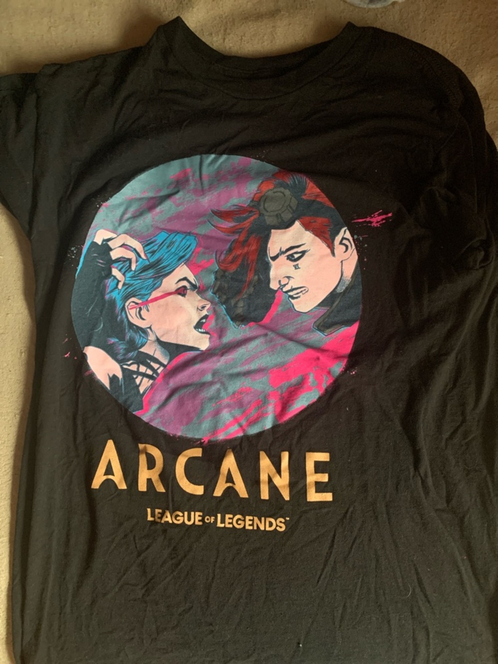 Arcane Logo Graphic Tee — Black with Blue & Pink Art